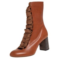 Used Chloe Tan Leather Harper Mid Calf Boots Size 37.5