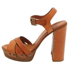Chloe Tan Leather Platform Ankle Strap Sandals Size 38.5