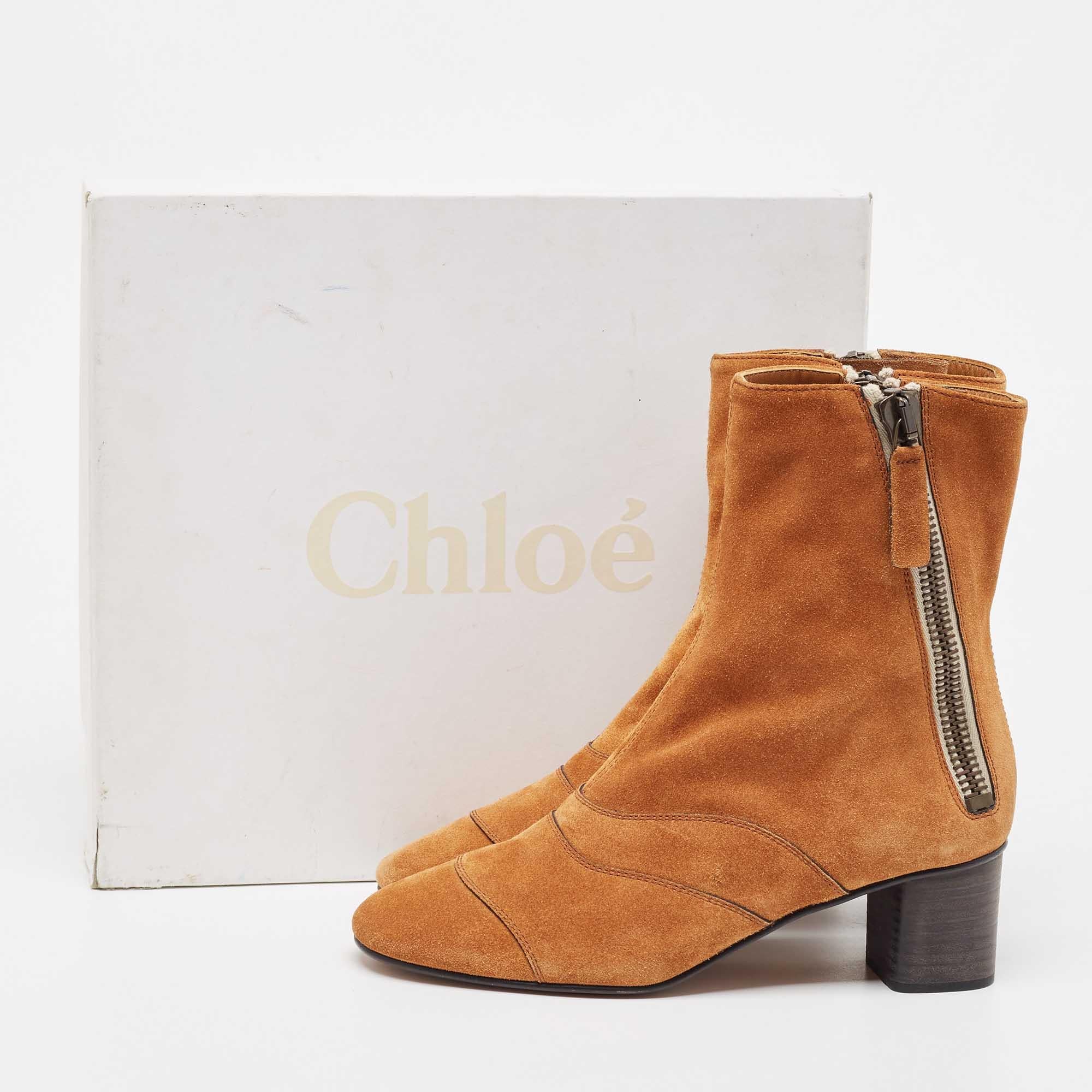Chloe Tan Suede Block Heel Ankle Boots Size 37.5 5