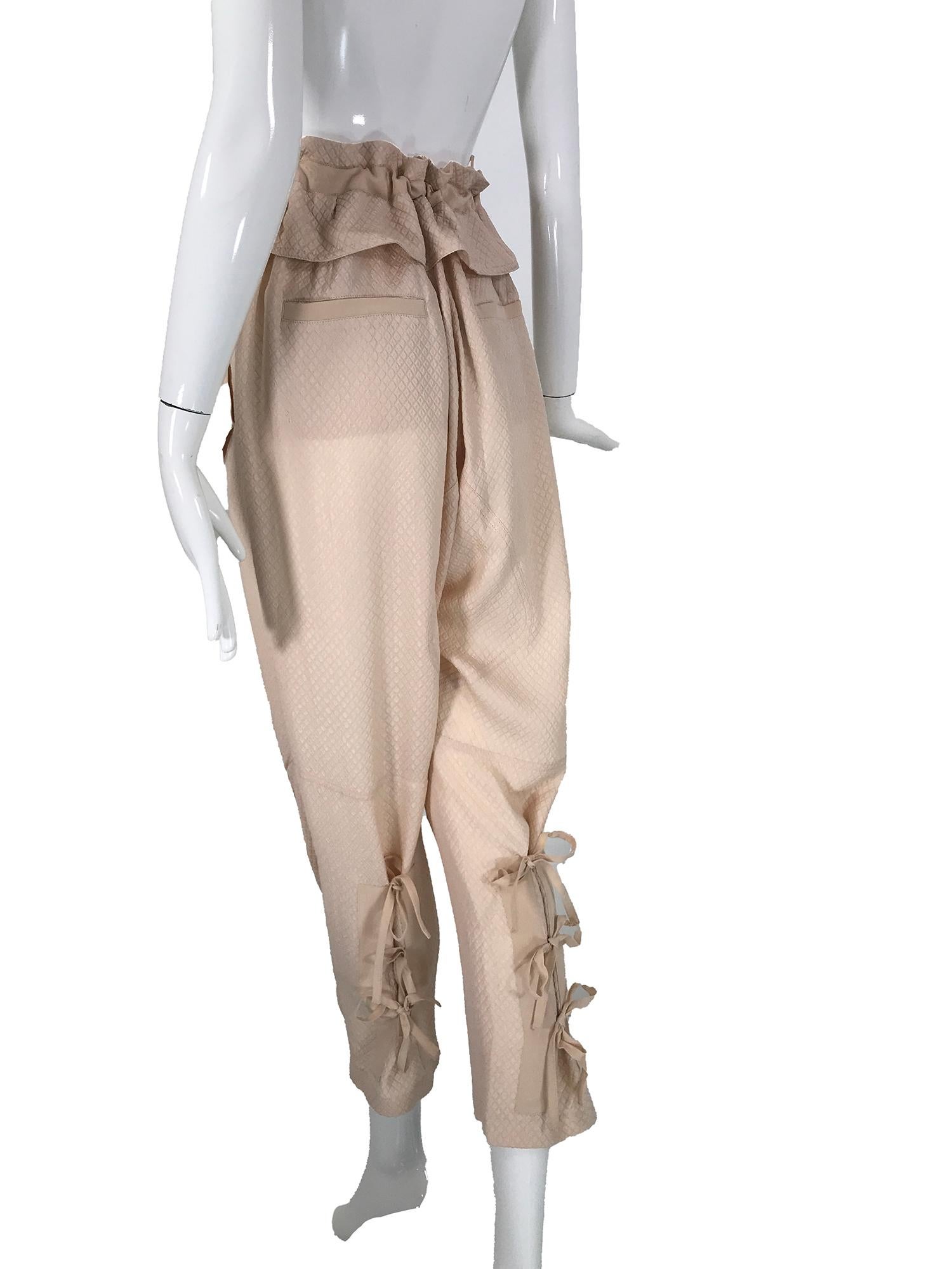 Beige Chloe Taupe Diamond Weave Silk Paper Bag Waist Gathered Tie Leg Trouser For Sale