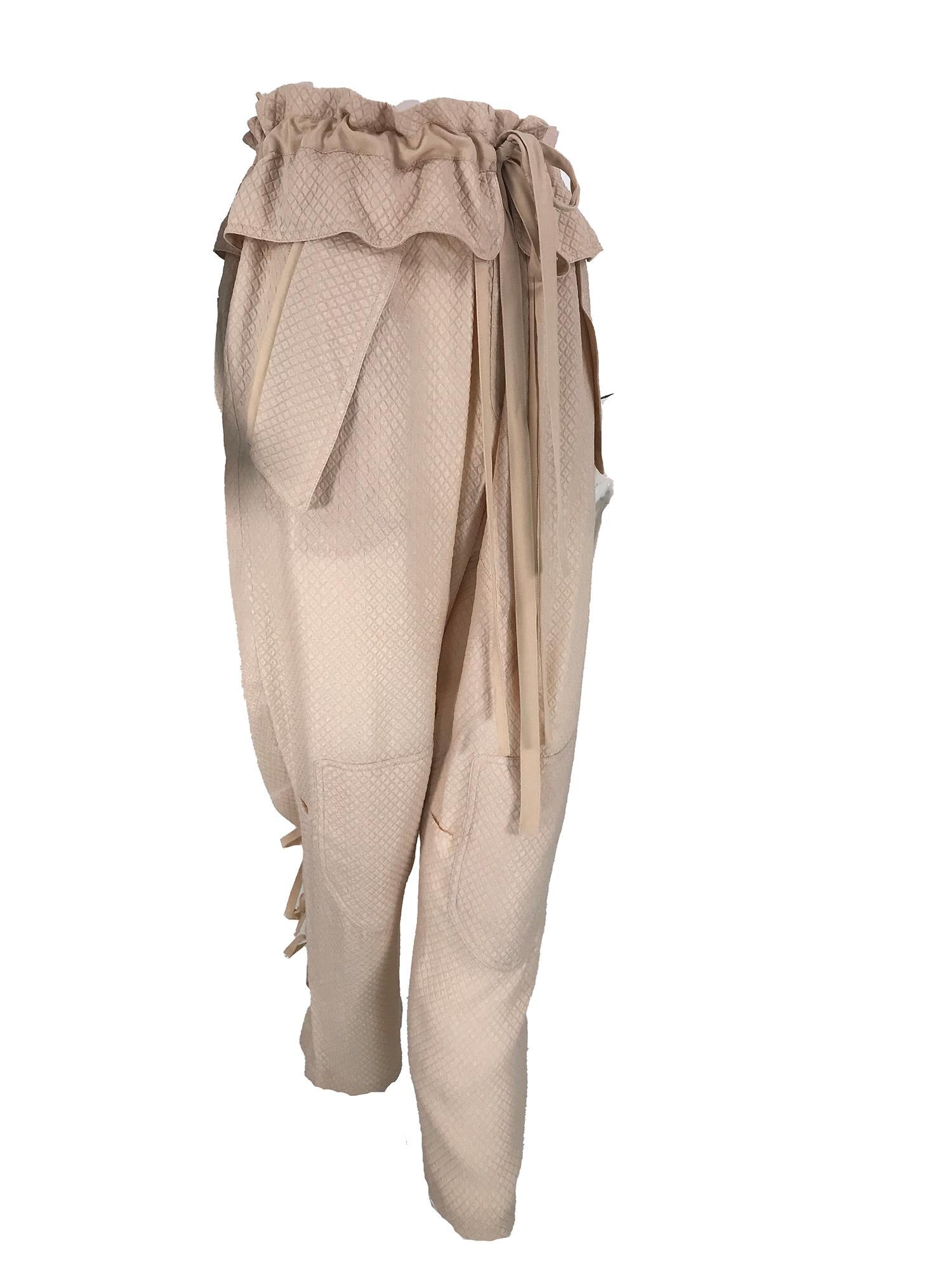 Chloe Taupe Diamond Weave Silk Paper Bag Waist Gathered Tie Leg Trouser For Sale 2
