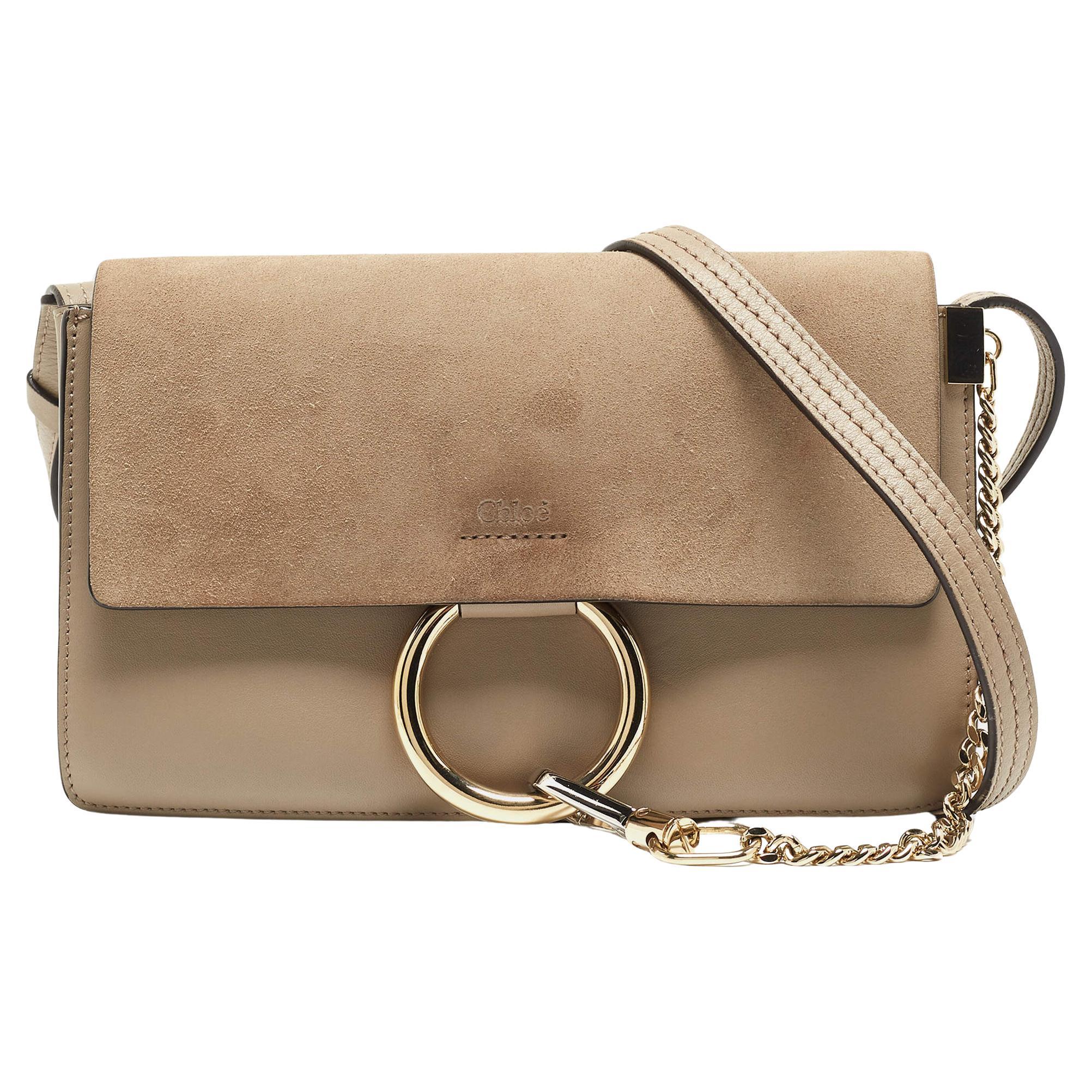 Chloe Taupe Leather and Suede Small Faye Shoulder Bag