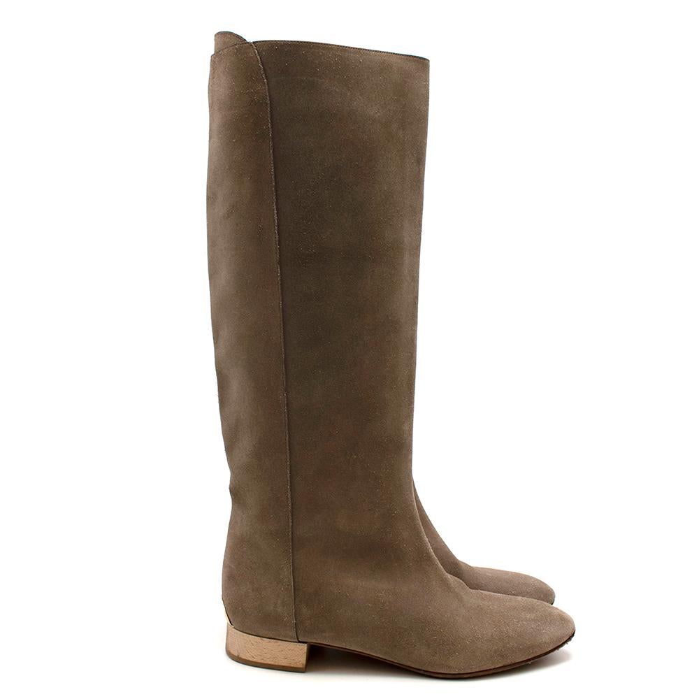 Chloe Taupe Suede Knee Boots

- Soft suede in taupe
- Flat boots with slight rubber heel for grip
- Wide ankles
- Heavy weight material
- Wooden heels with gold shiny accent panel
- Round almond toes
- Leather tanned lining

Made in Italy

Fabric