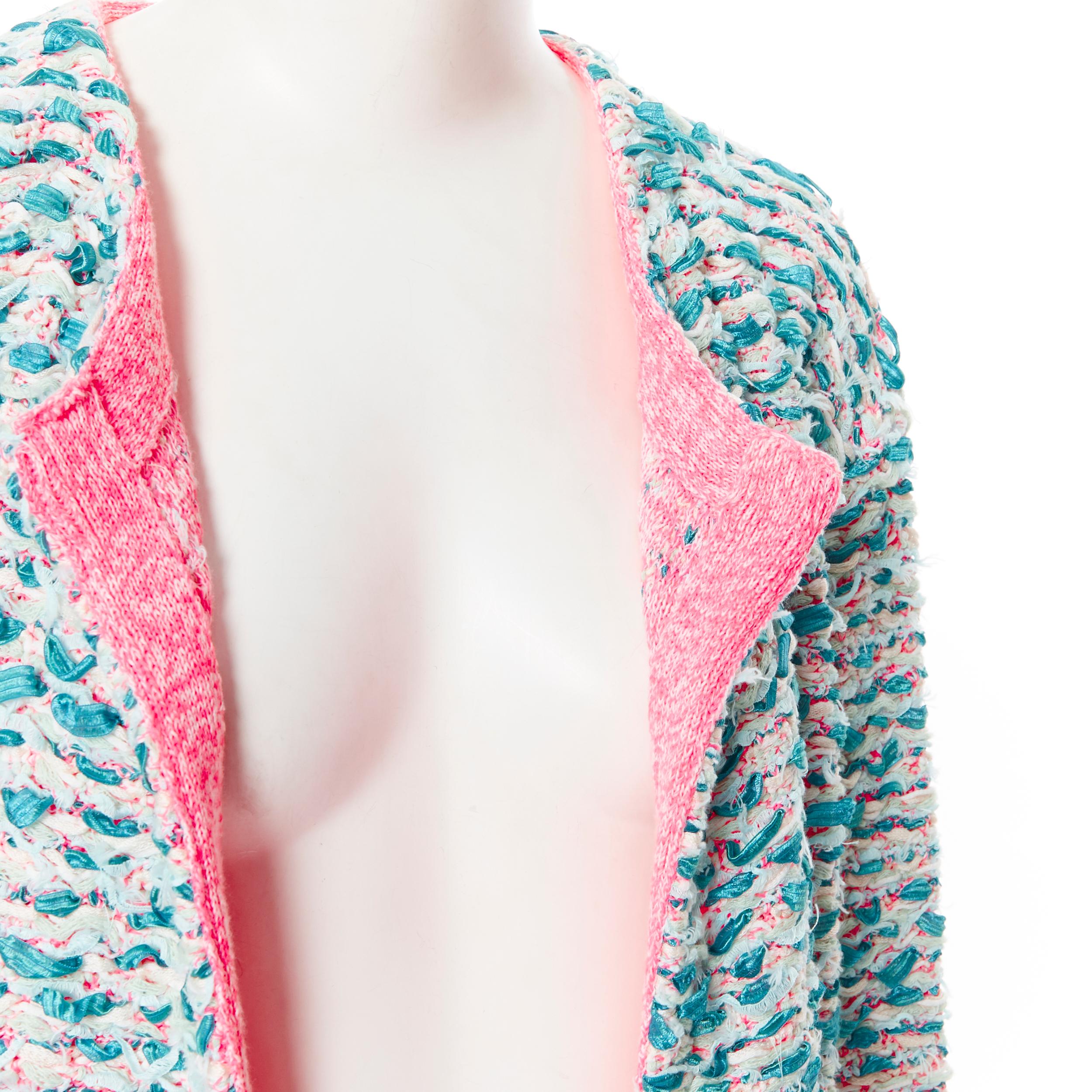 CHLOE teal blue green ribbon wool knit neon pink inner cardigan jacket XS 
Brand: Chloe
Model Name / Style: Cardigan
Material: Cotton blend
Color: Green
Pattern: Solid
Extra Detail: Long Sleeve.
Made in: Italy

CONDITION: 
Condition: Excellent, this