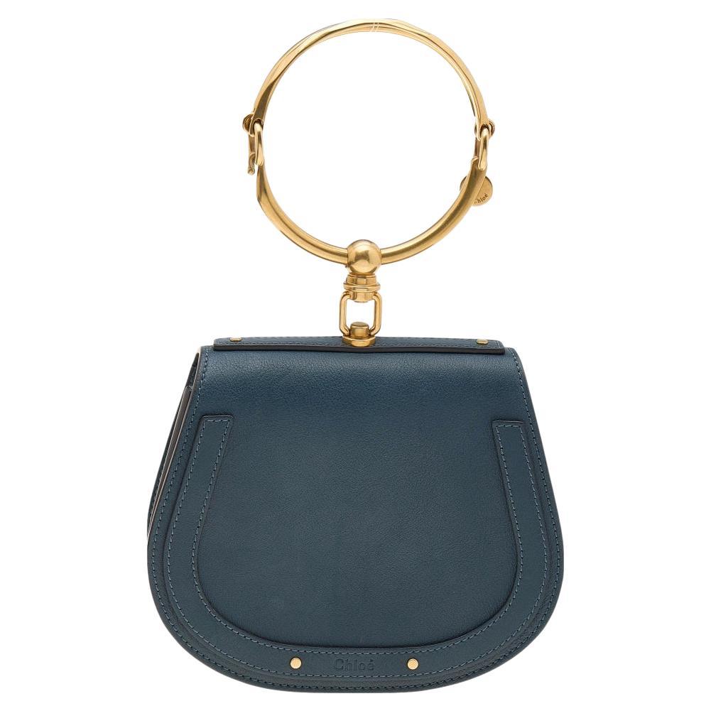Chloe Teal Blue Leather and Suede Small Nile Bracelet Shoulder Bag