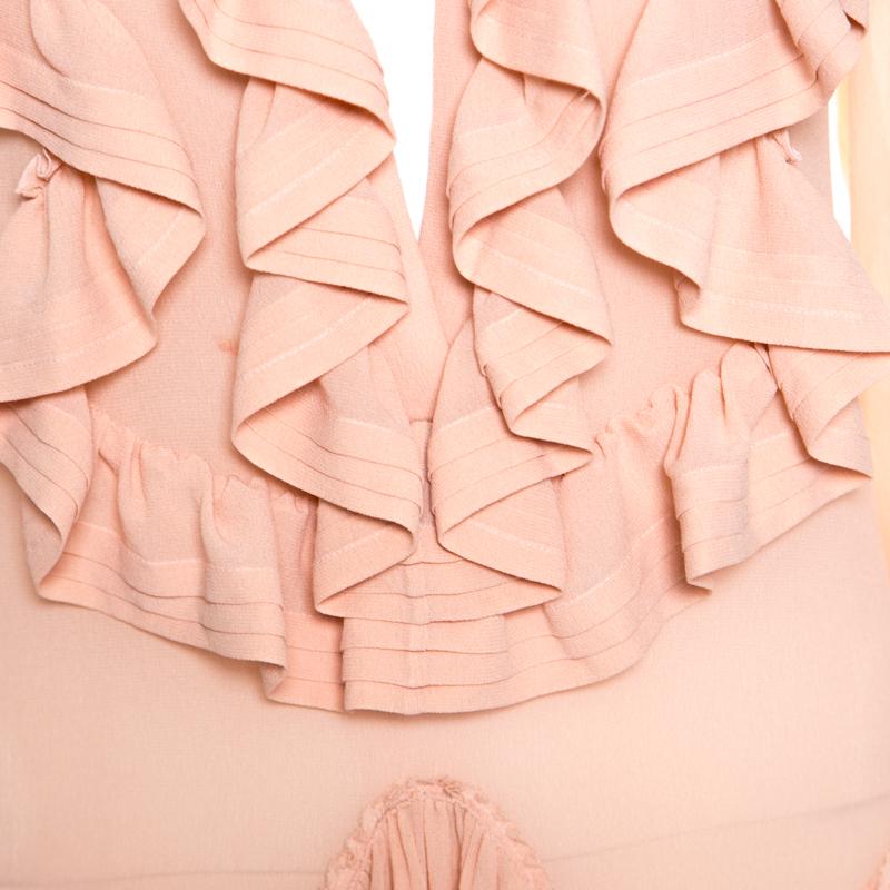 Beige Chloe Tender Pink Silk Ruffle Detail Long Sleeve Dress S