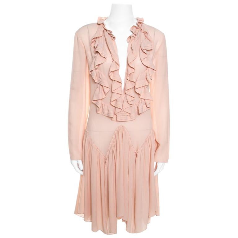 Chloe Tender Pink Silk Ruffle Detail Long Sleeve Dress S