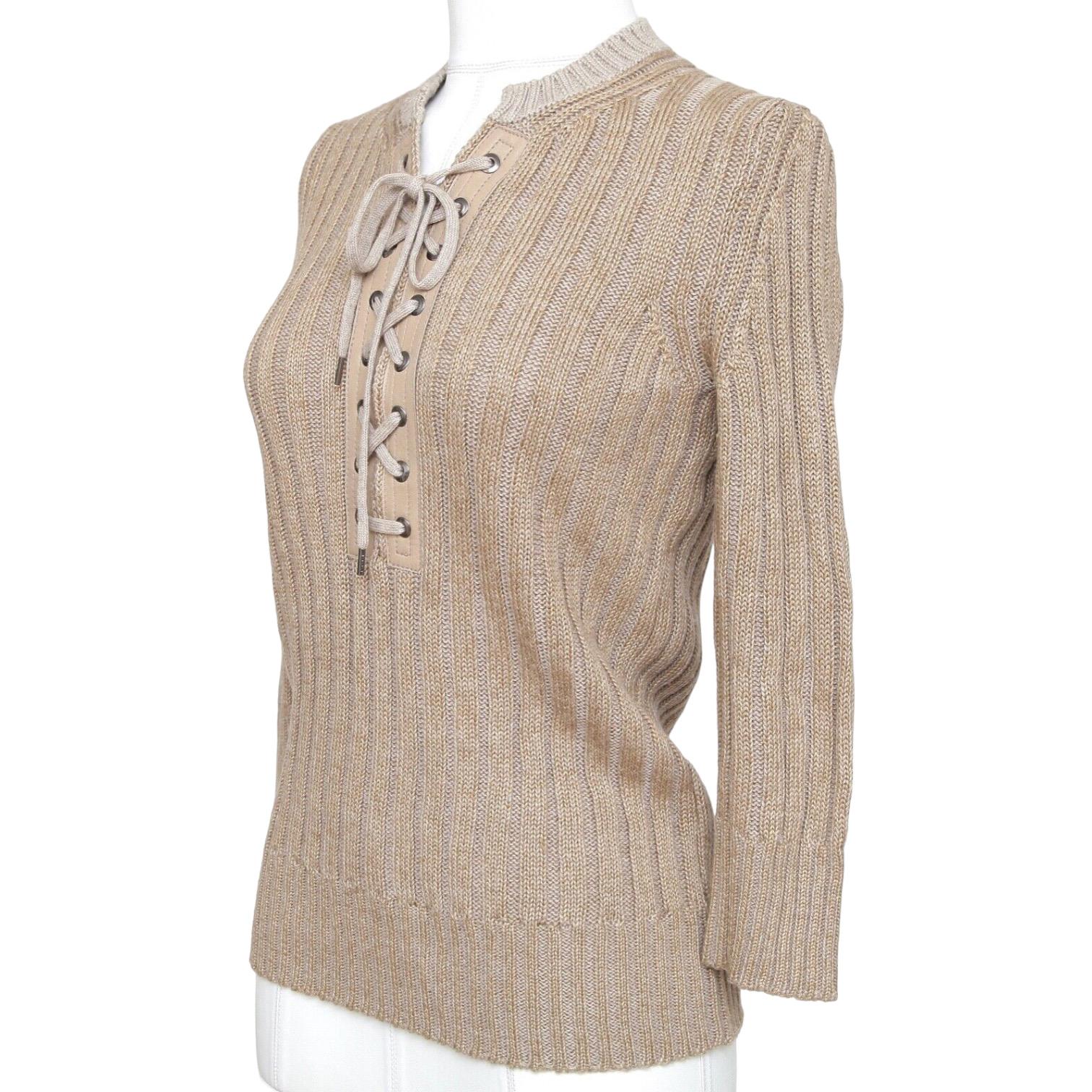 CHLOE Top Sweater Knit 3/4 Sleeve Beige Leather Ribbed Sz XS 2011 In Excellent Condition In Hollywood, FL