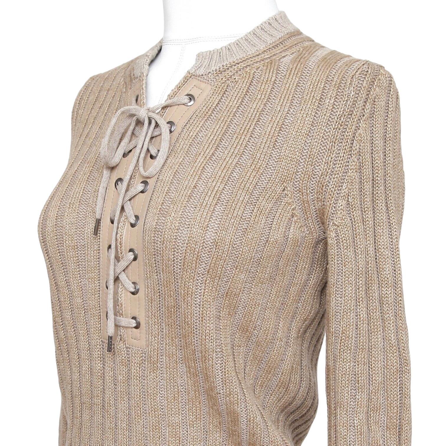 CHLOE Top Sweater Knit 3/4 Sleeve Beige Leather Ribbed Sz XS 2011 1