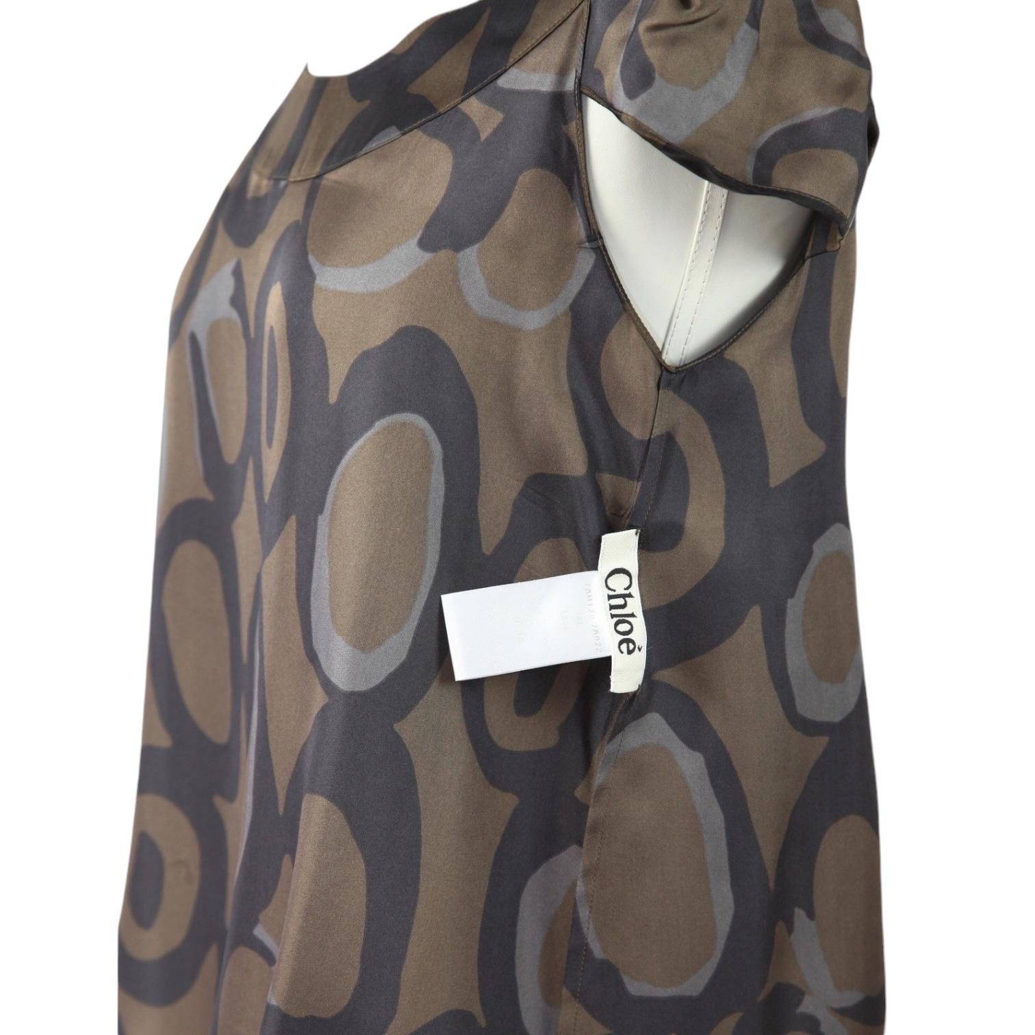 CHLOE Tops Silk Blouse Top Shirt Brown Grey Cap Sleeve Sz 34 07A For Sale 2