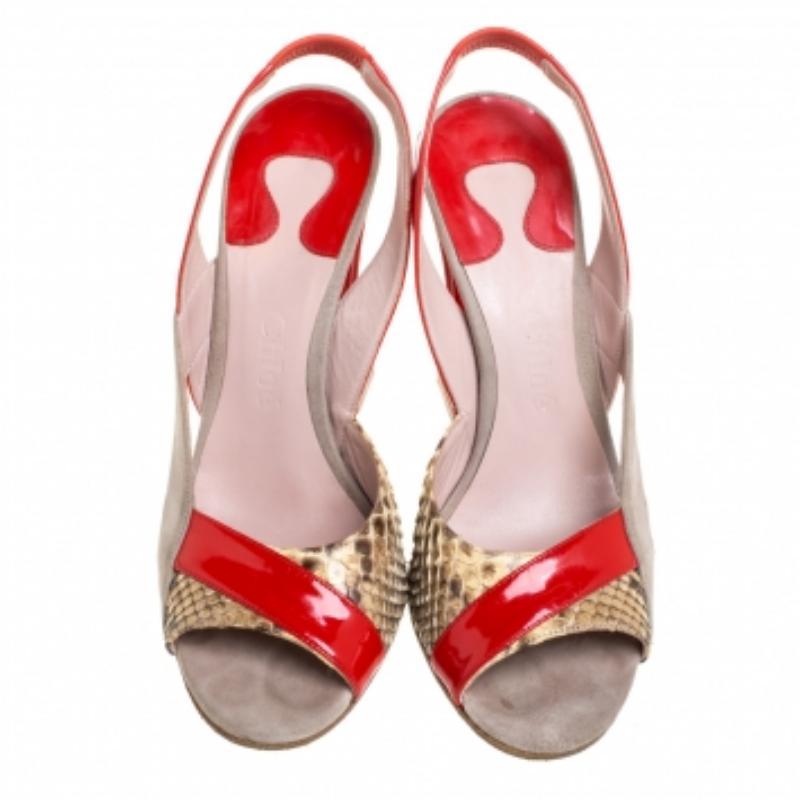 Women's Chloe Tricolor Python Trim And Patent Leather Slingback Sandals Size 36.5 For Sale