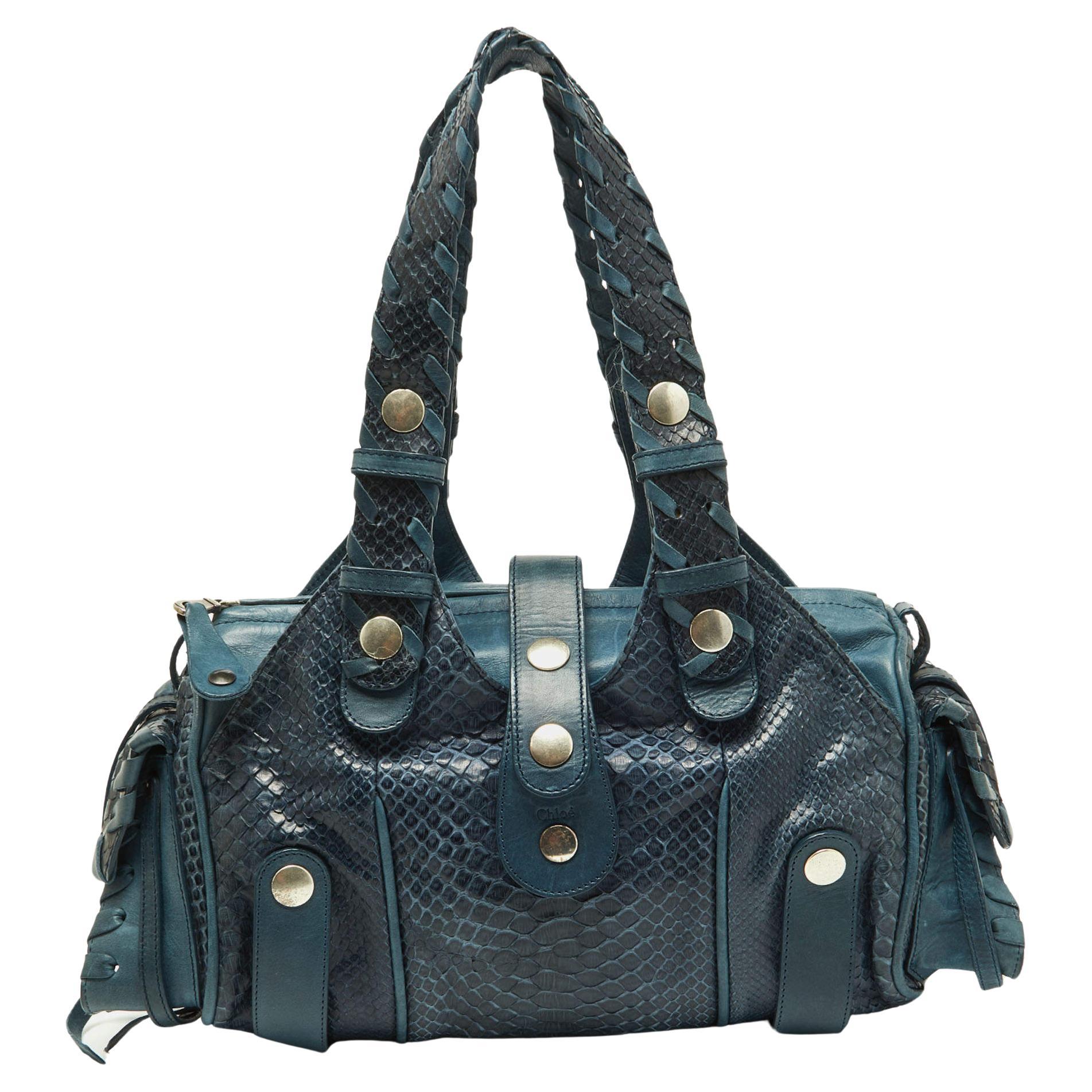 Chloe Two Tone Blue Python and Leather Silverado Satchel For Sale