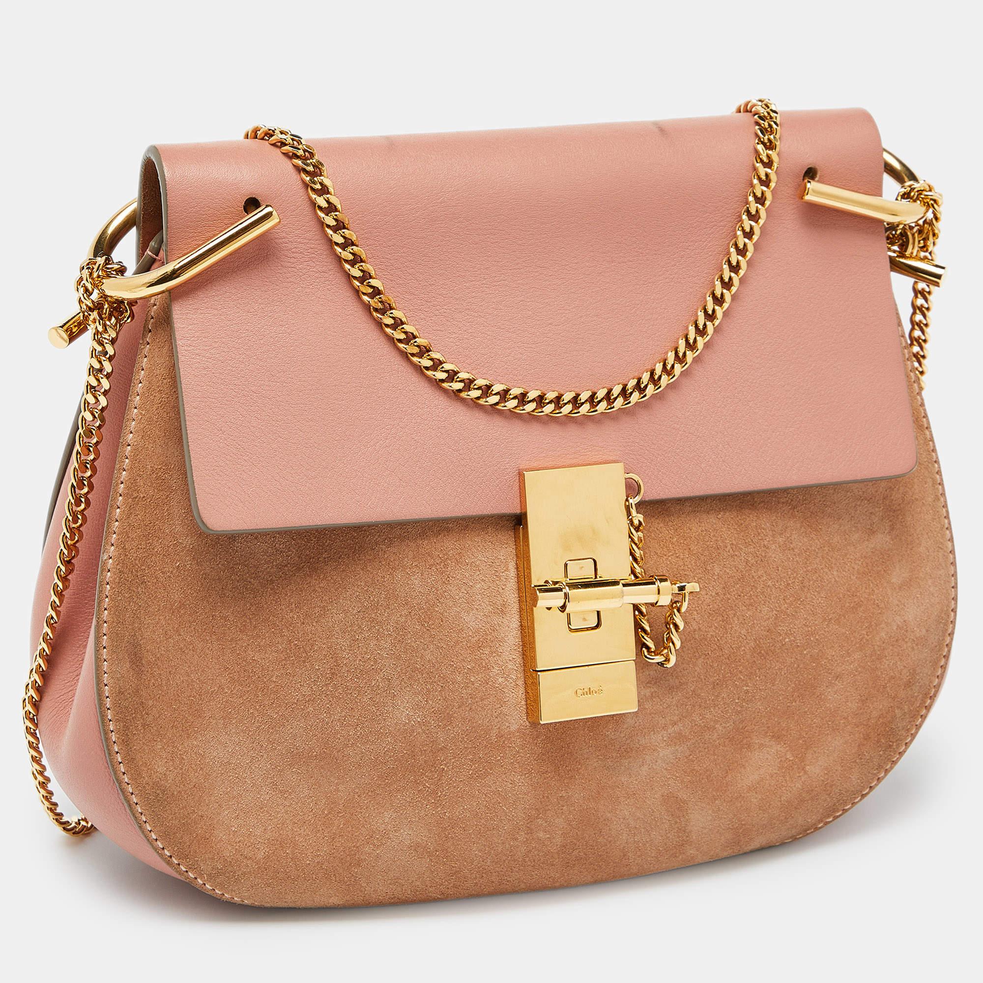 Beige Chloe Two Tone Peach Leather and Suede Medium Drew Shoulder Bag