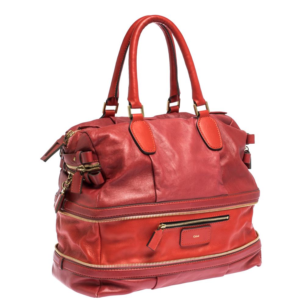 Chloe Two Tone Red Leather Andy Expandable Satchel In Good Condition In Dubai, Al Qouz 2