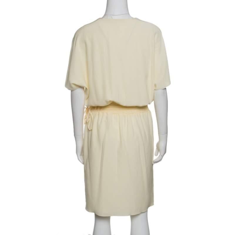 Beige Chloe Vanilla Yellow Smocked Waist Lace Insert Tie Detail Dress M