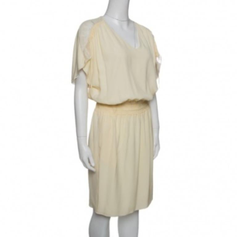 Chloe Vainilla Amarillo Cintura Fruncida Encaje Inserción Lazo Detalle Vestido M Beige en venta