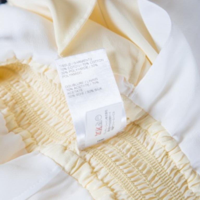 Chloe Vainilla Amarillo Cintura Fruncida Encaje Inserción Lazo Detalle Vestido M en venta 2