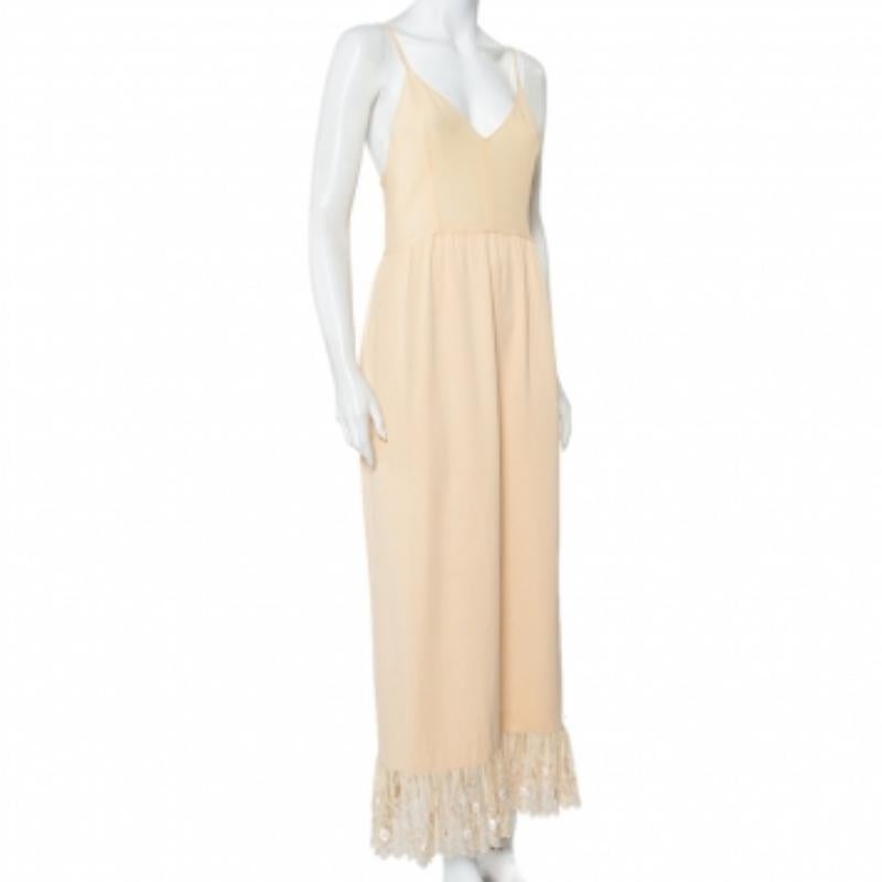 Chloe Vintage Beige Silk & Crepe Paneled Lace Trim Maxi Dress M In Good Condition For Sale In Dubai, Al Qouz 2