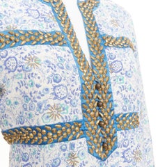 CHLOE Vintage blue cream gold studded floral harness detail open neck mini dress