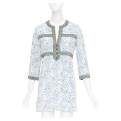 CHLOE Vintage blue cream gold studded floral harness detail open neck mini dress