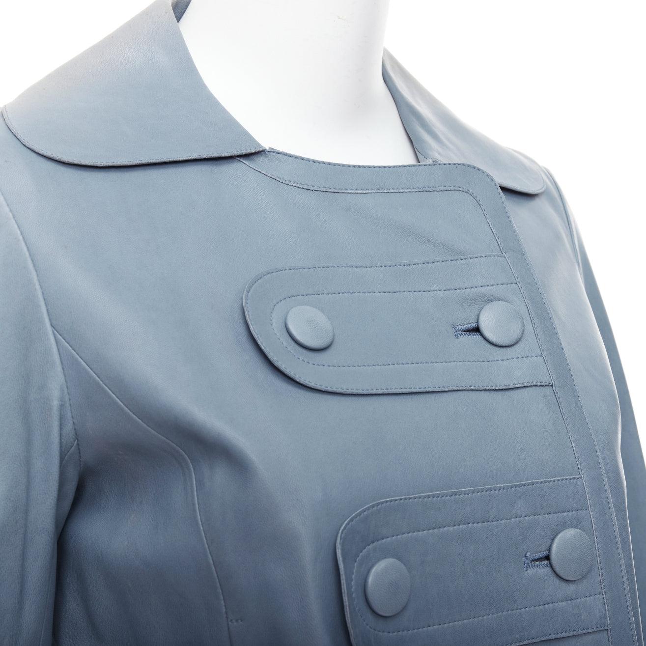 CHLOE Vintage blue lambskin leather military cropped jacket FR36 XS
Reference: WECN/A00013
Brand: Chloe
Material: Leather
Color: Blue
Pattern: Solid
Closure: Button
Lining: Grey Fabric
Made in: France

CONDITION:
Condition: Poor, this item was