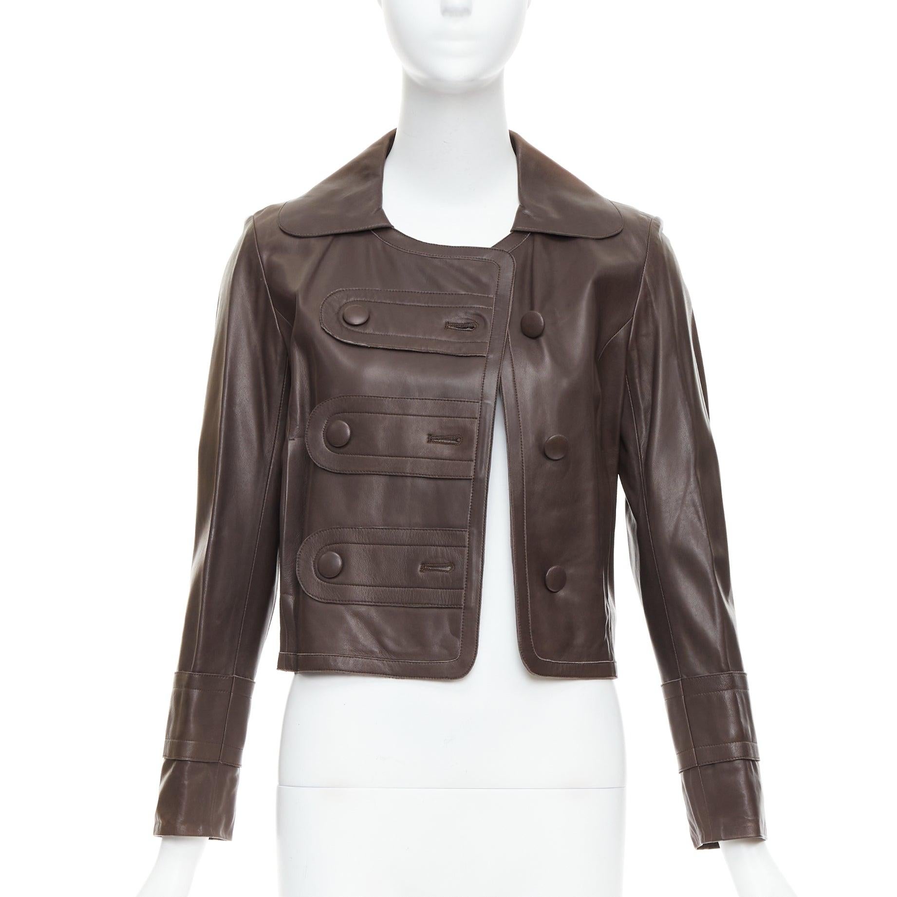 CHLOE Vintage brown lambskin leather military cropped jacket FR36 XS In Good Condition In Hong Kong, NT