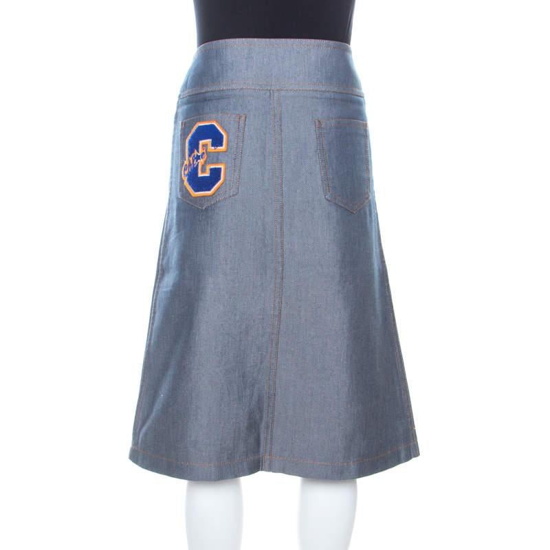 Chloe Vintage Navy Blue Cotton and Silk Twill High Waist Skirt S In Excellent Condition In Dubai, Al Qouz 2