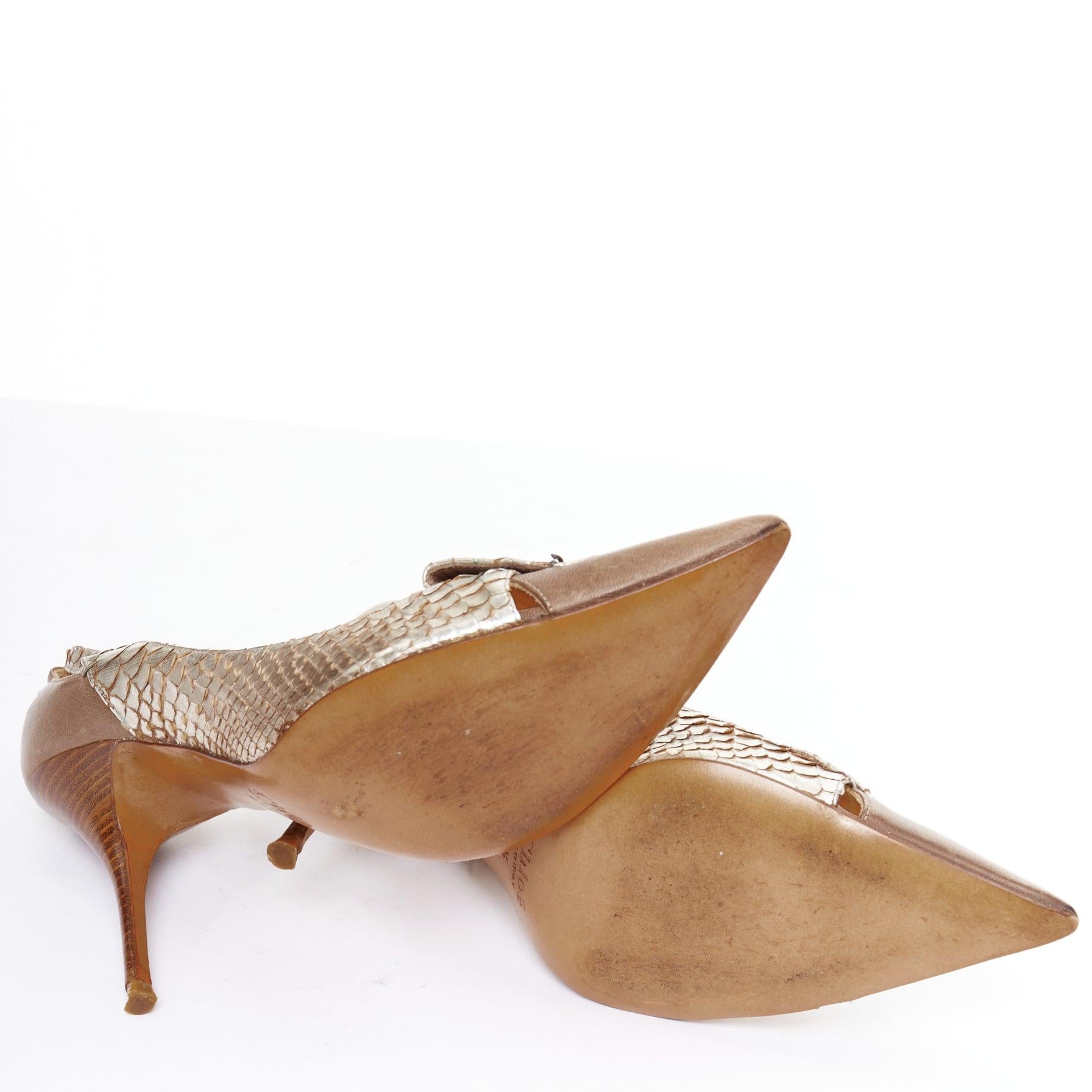 CHLOE Vintage argento metallizzato in pelle squamata marrone a punta EU37.5 in vendita 6