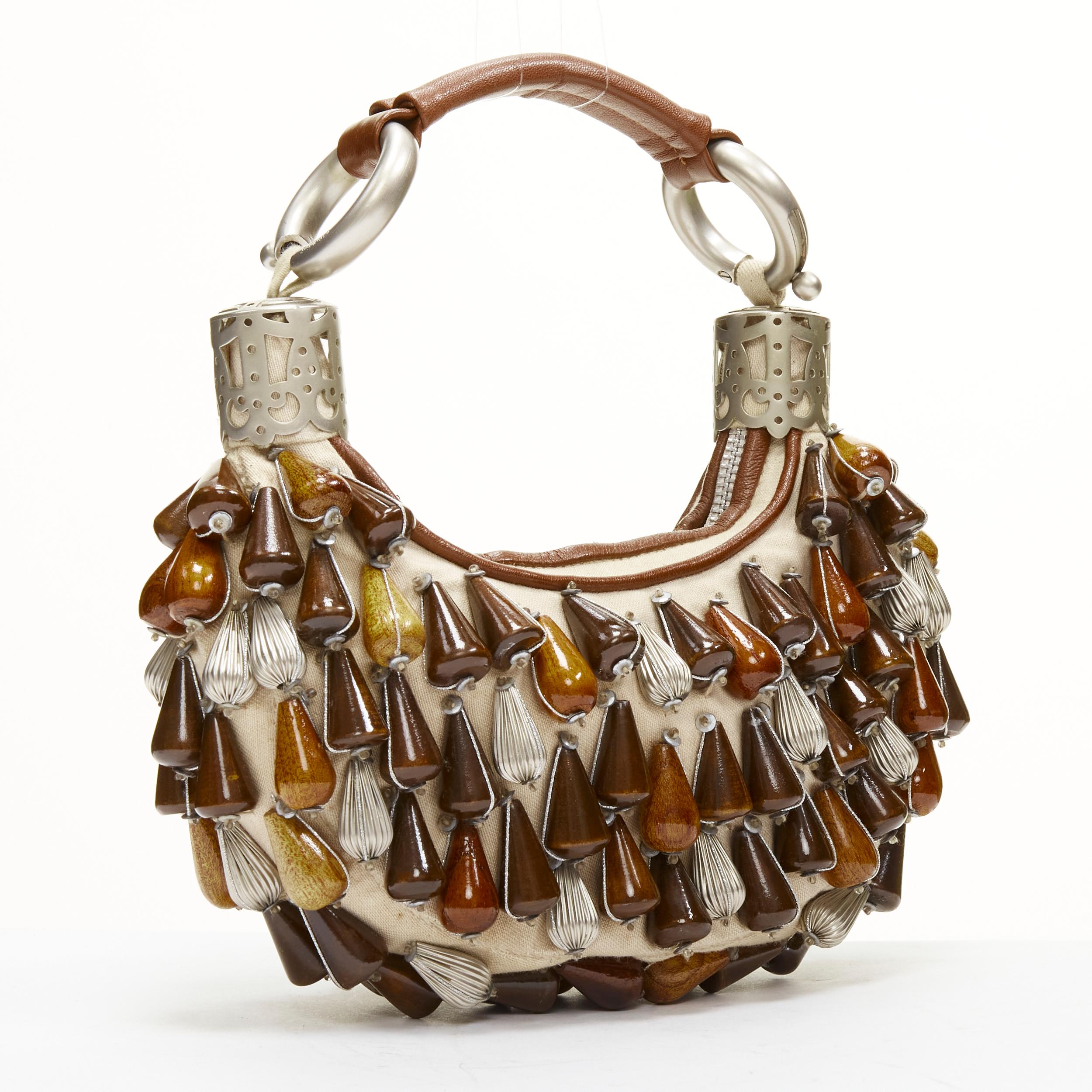 CHLOE Vintage wood metal beads embellished leather boho small hobo bag In Fair Condition In Hong Kong, NT