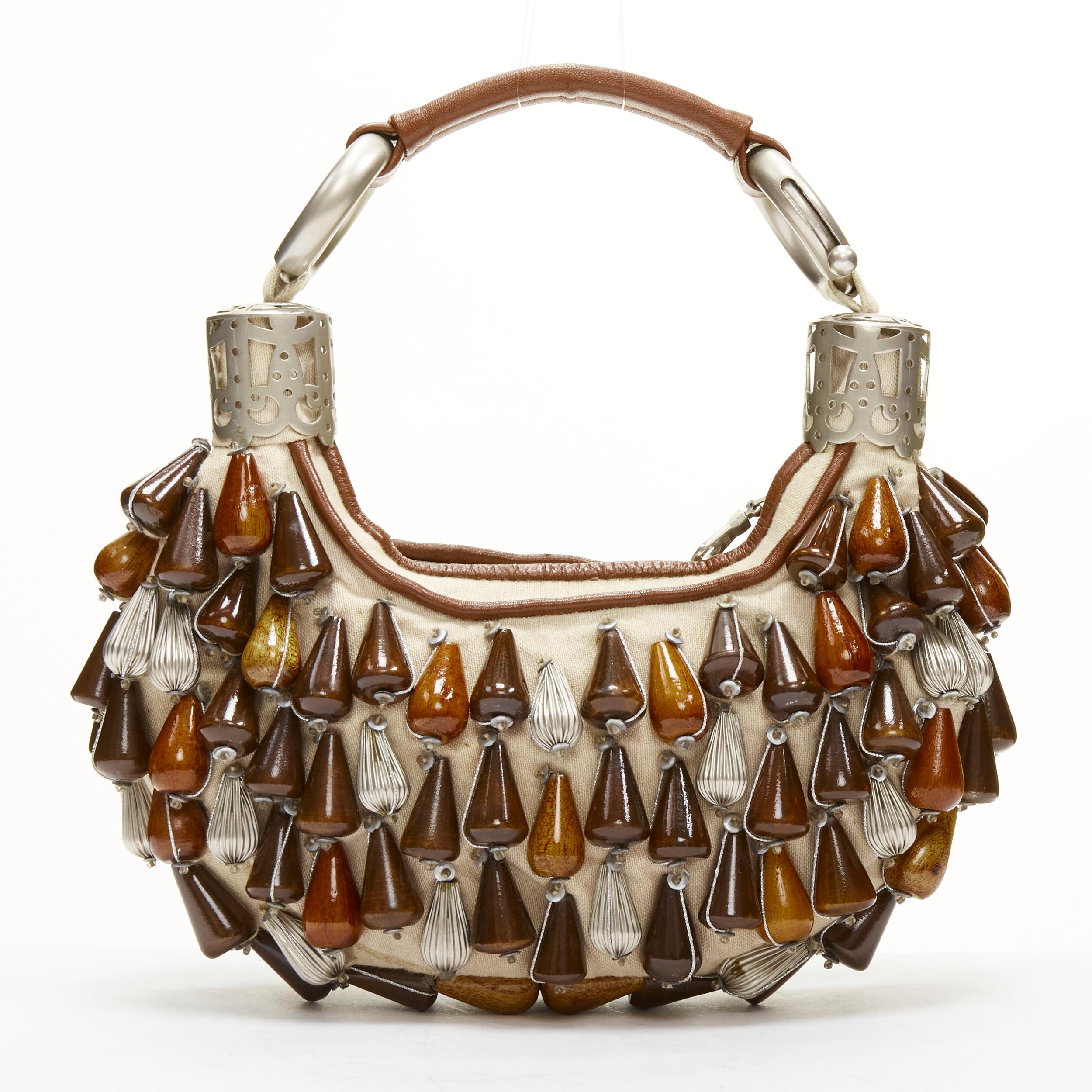 CHLOE Vintage wood metal beads embellished leather boho small hobo bag 1
