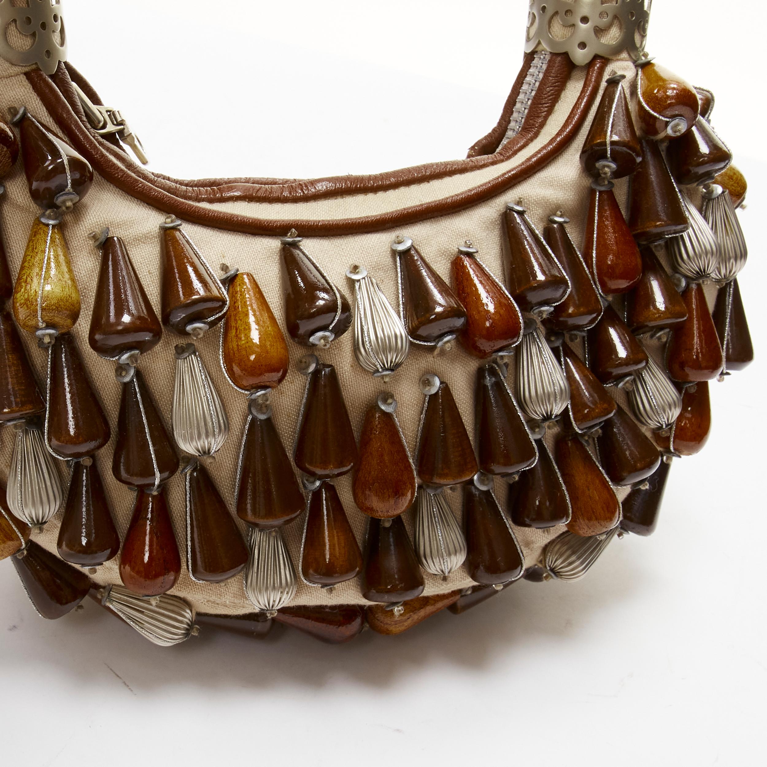 CHLOE Vintage wood metal beads embellished leather boho small hobo bag 3