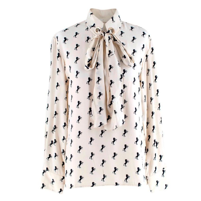 Chloe White & Black Silk Long Sleeve Horse Motif Blouse - Size US6