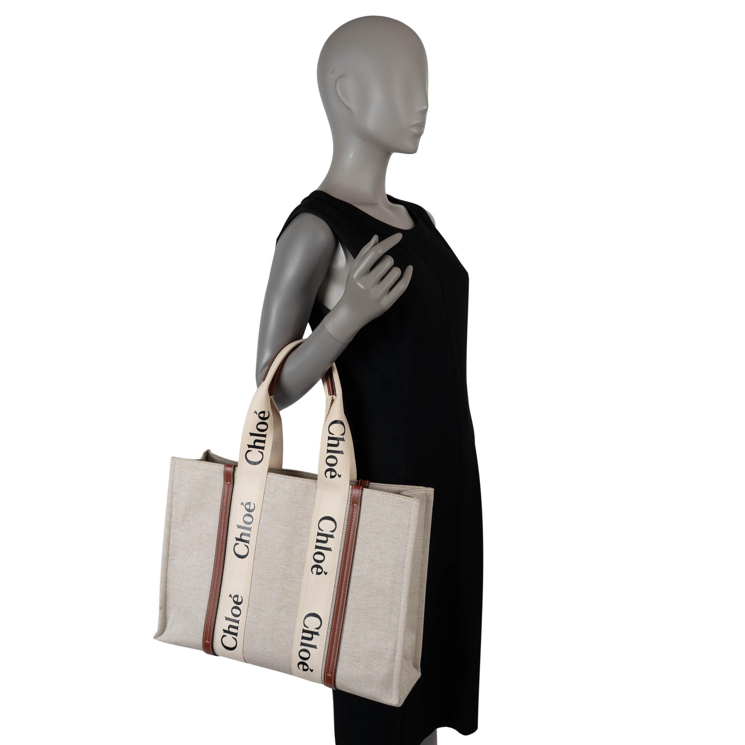 CHLOE white & brown canvas WOODY LARGE Tote Bag For Sale 6