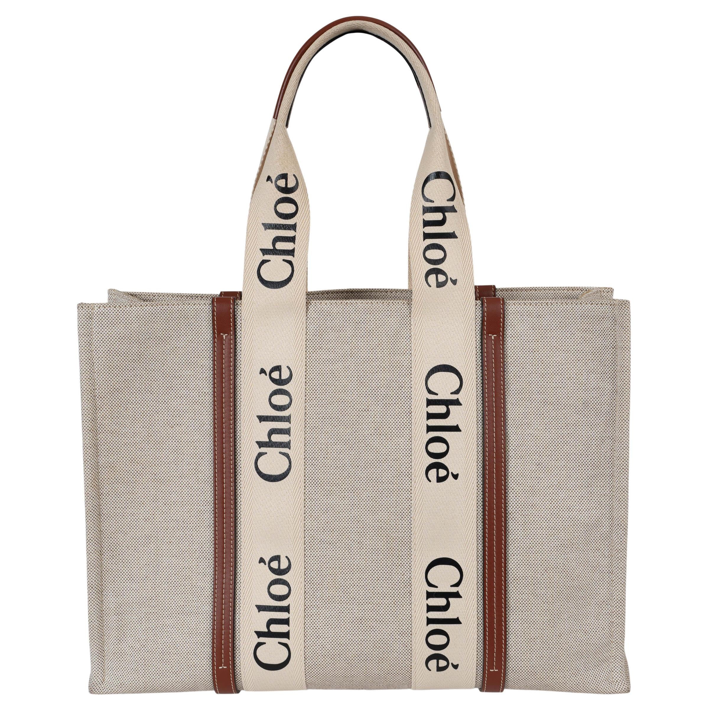 Beige CHLOE white & brown canvas WOODY LARGE Tote Bag For Sale