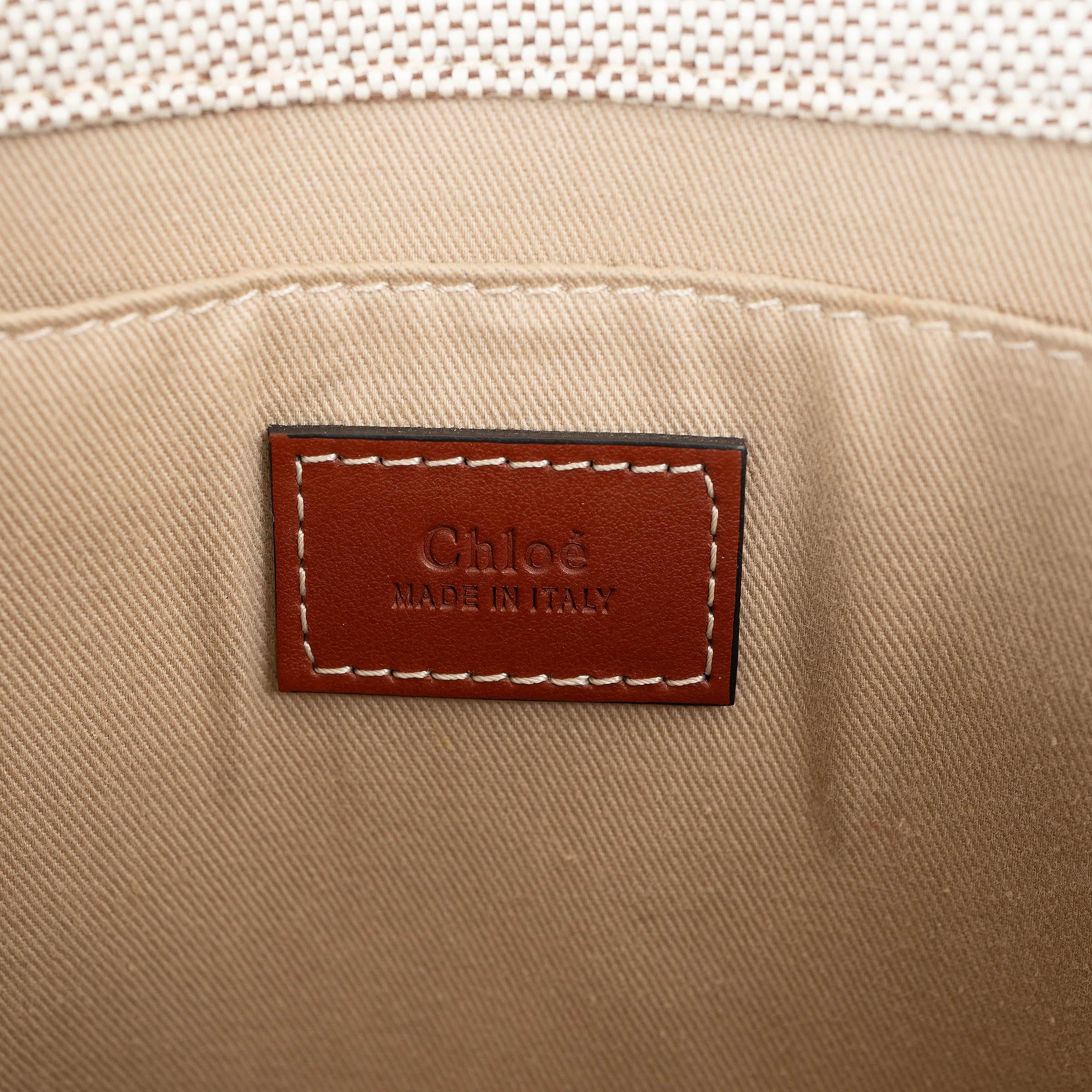 CHLOE white & brown canvas WOODY LARGE Tote Bag For Sale 2