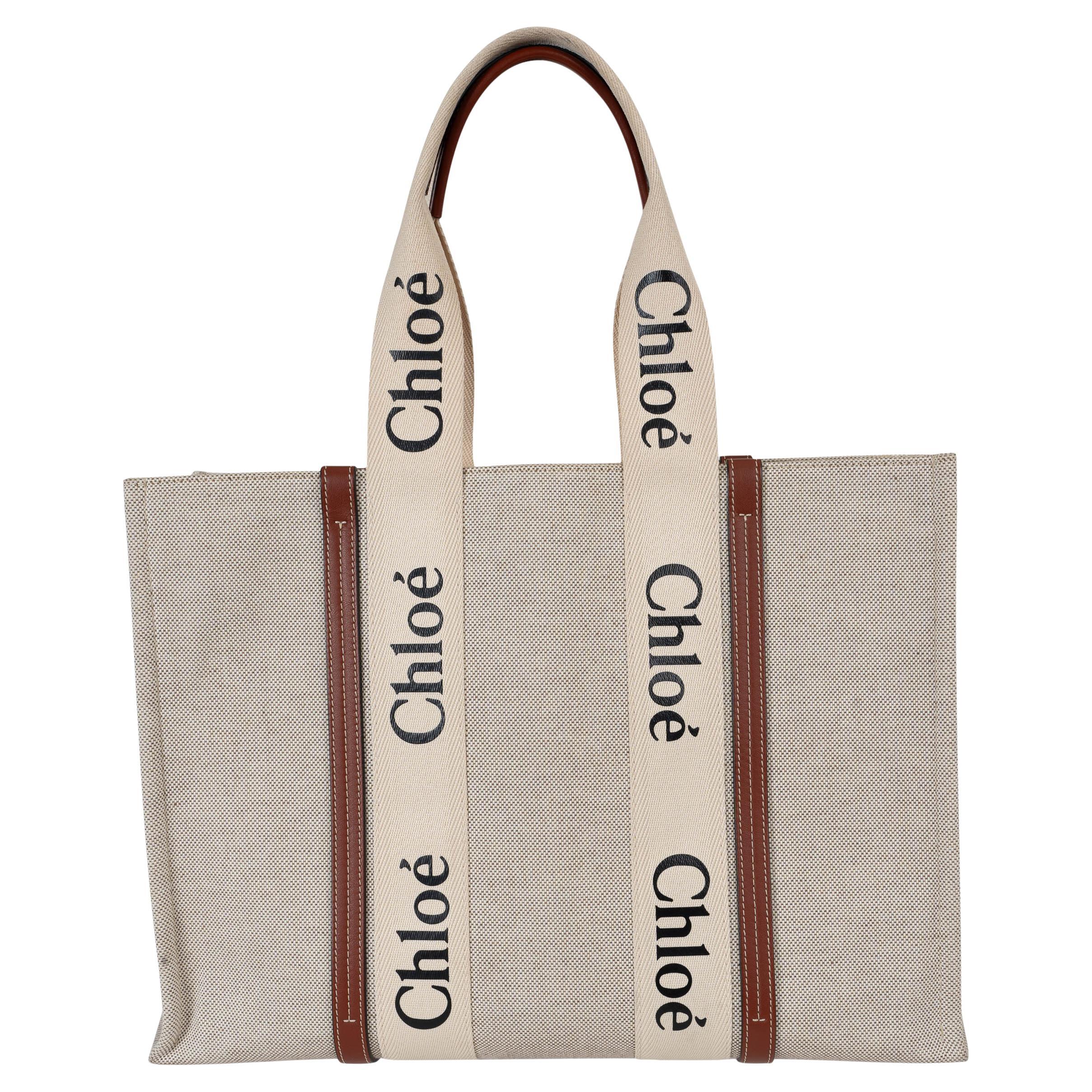 CHLOE white & brown canvas WOODY LARGE Tote Bag For Sale