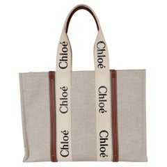 CHLOE white & brown canvas WOODY LARGE Tote Bag
