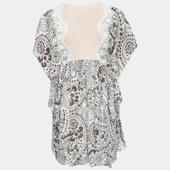 Chloe White/Brown Floral Print Silk Ruffled Boho Kaftan Blouse L