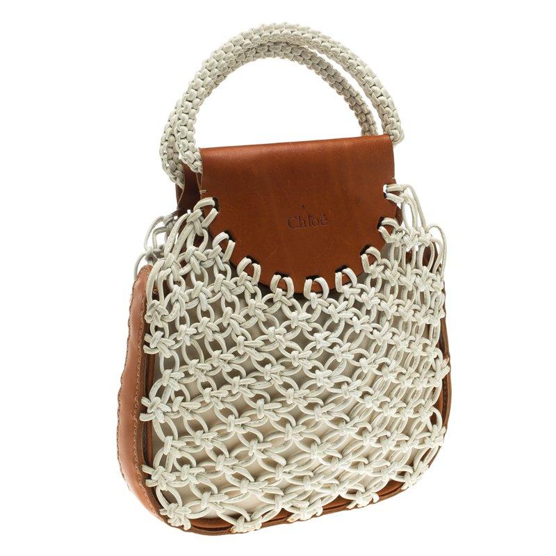 Chloe White/Brown Knotted Leather vintage Bracelet Bag In Good Condition In Dubai, Al Qouz 2