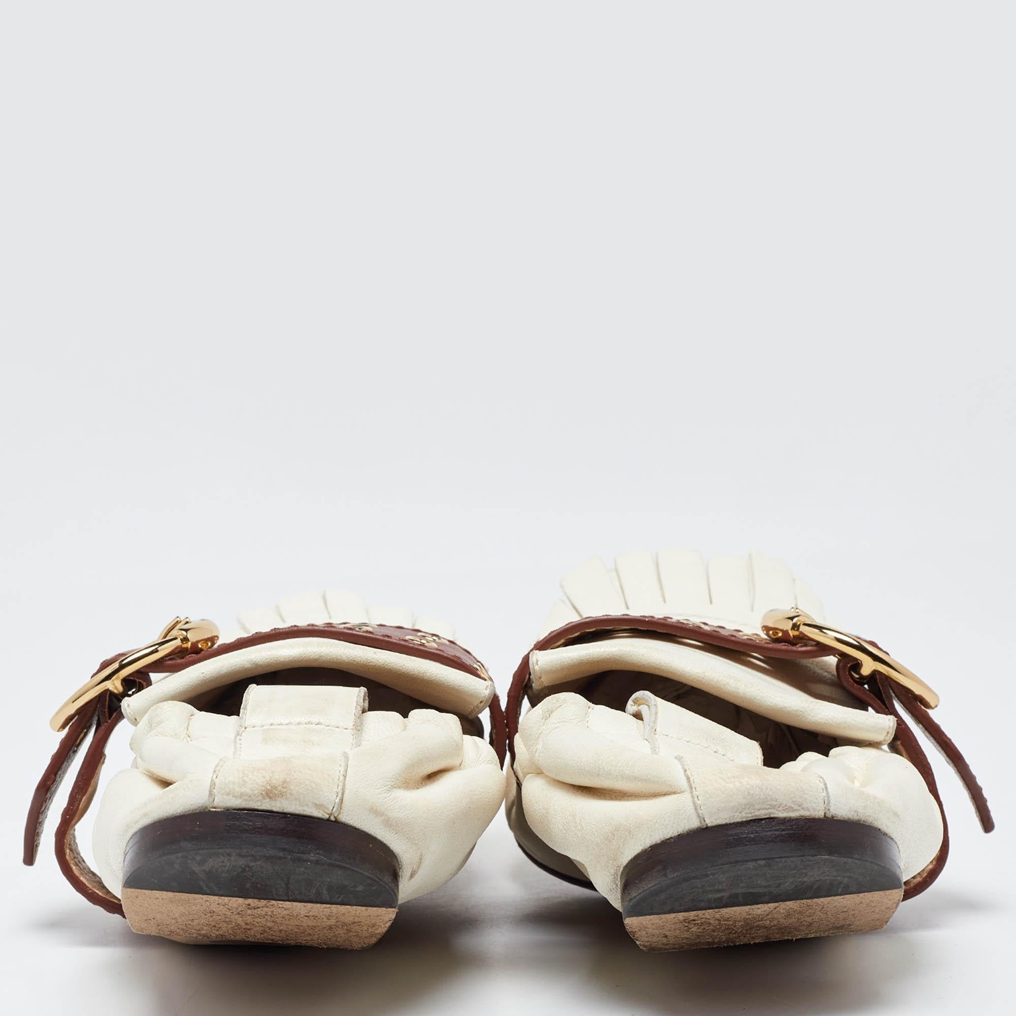 Women's Chloe White/Brown Leather Fringe Ballet Flats Size 41 For Sale