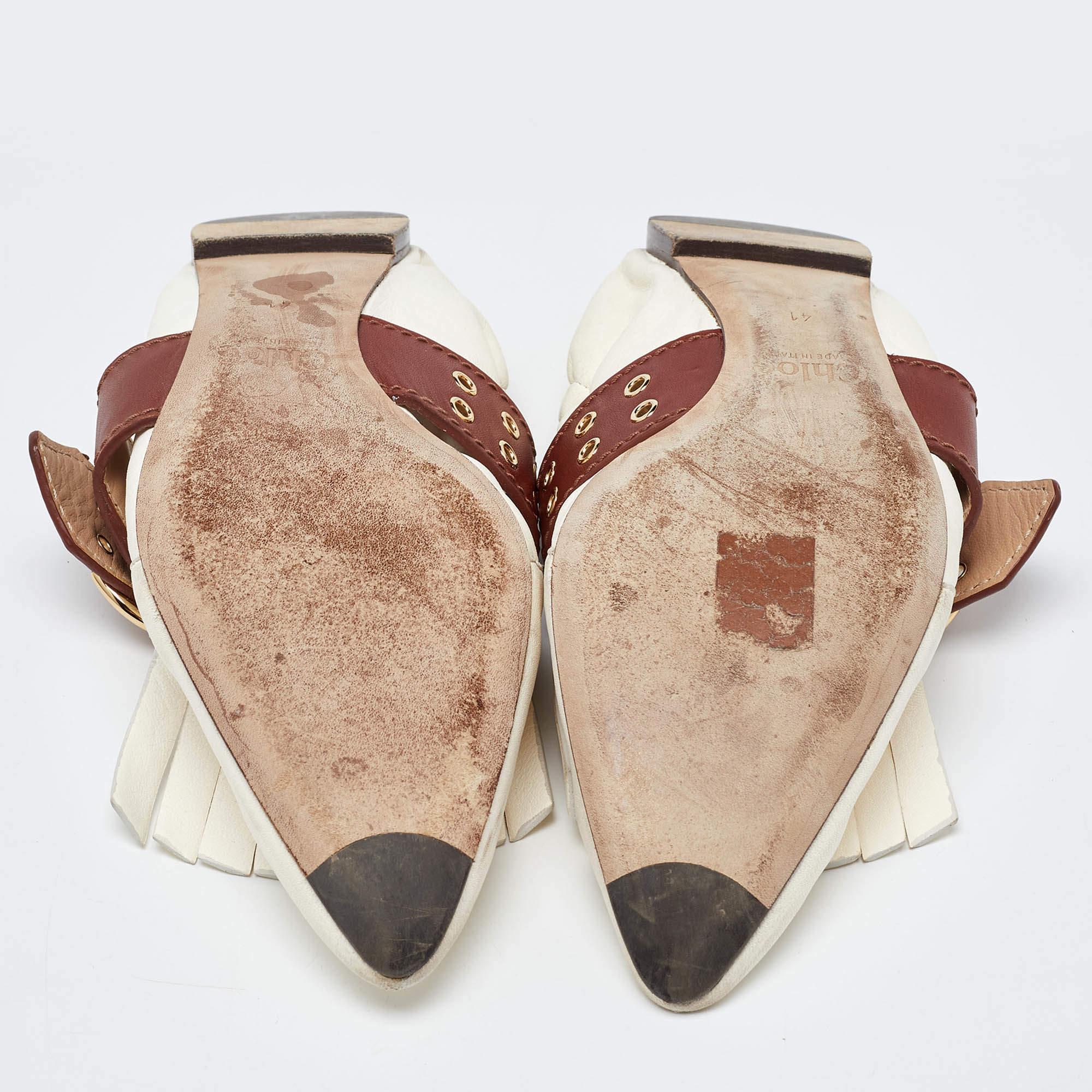 Chloe White/Brown Leather Fringe Ballet Flats Size 41 For Sale 1