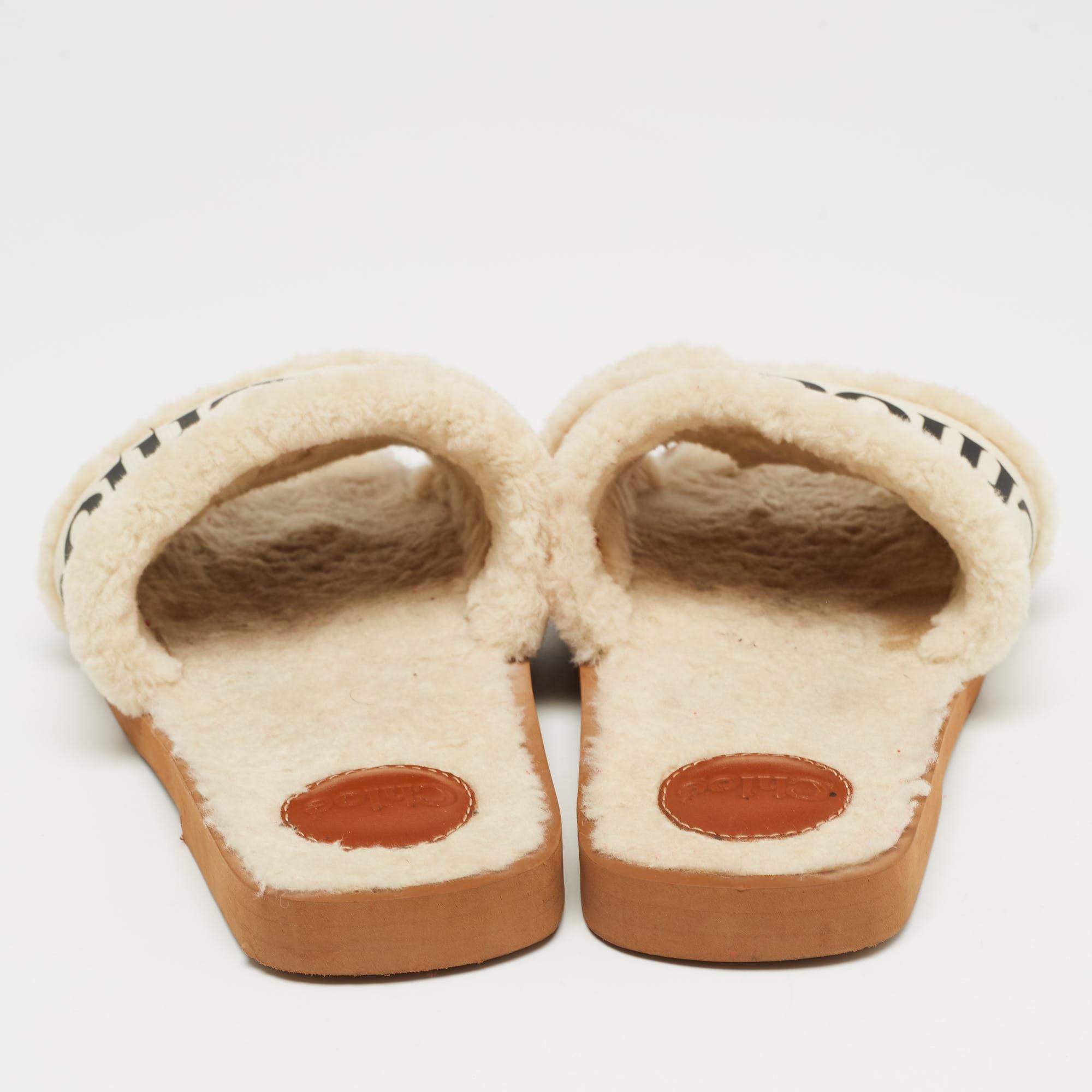 Women's Chloe White Canvas and Fur Shearling Woody Slide Flats Size 39