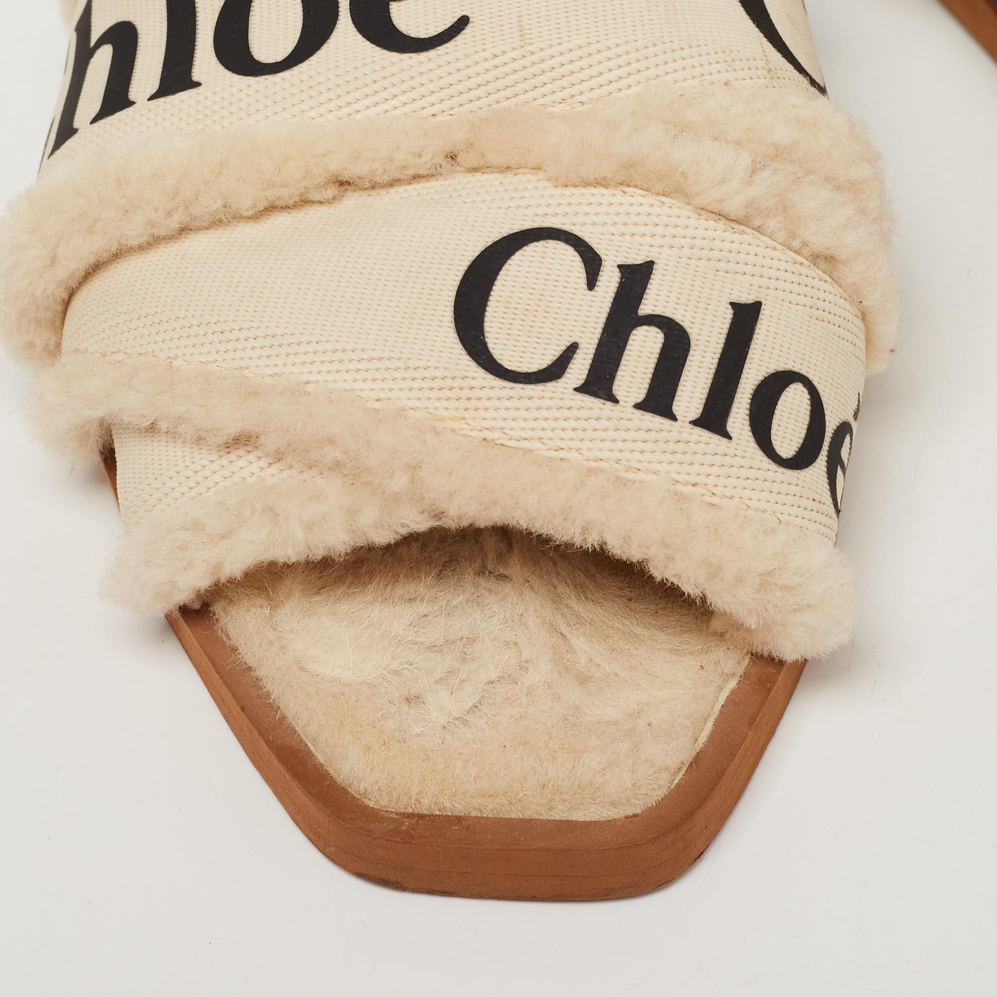 Chloe White Canvas and Fur Shearling Woody Slide Flats Size 39 1