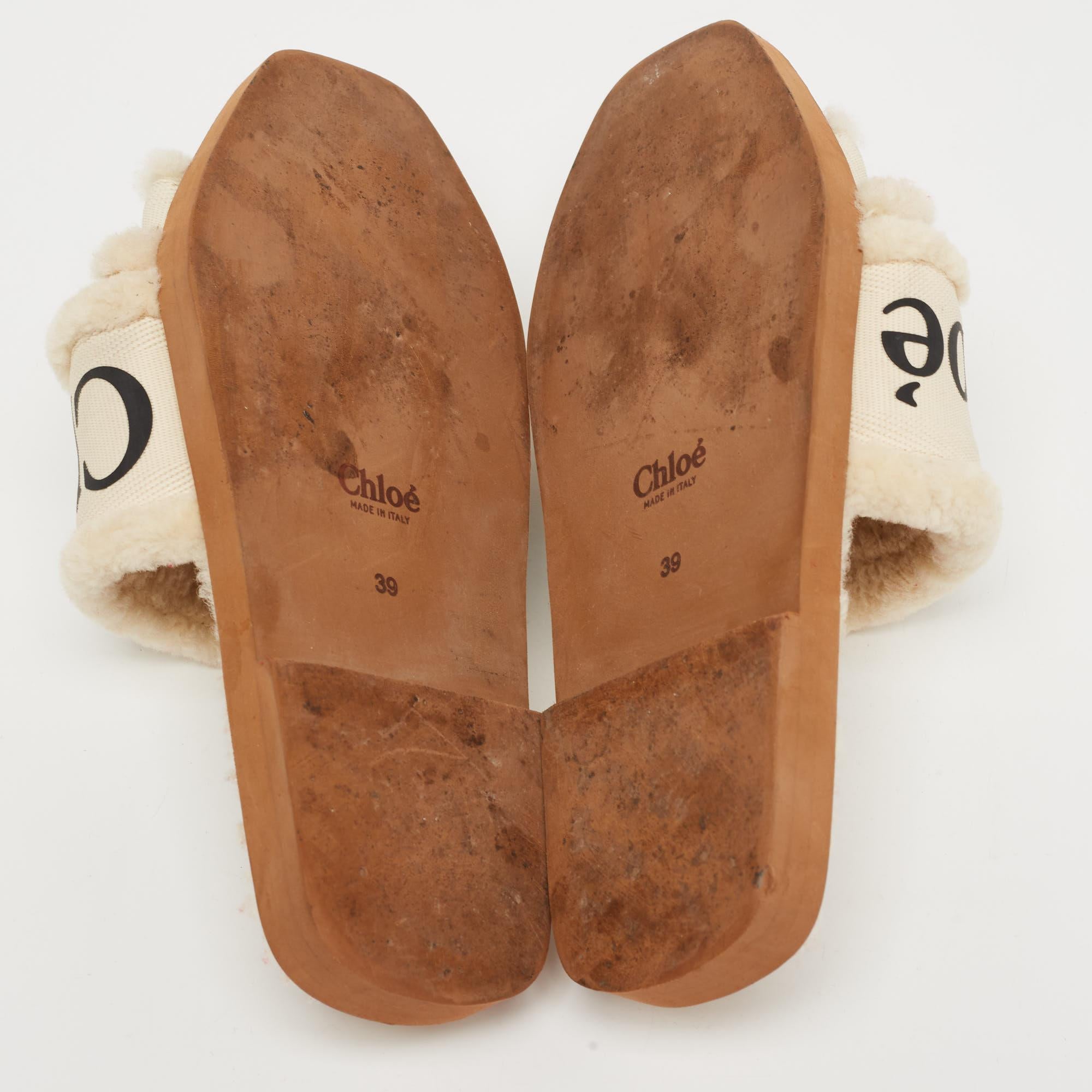 Chloe White Canvas and Fur Shearling Woody Slide Flats Size 39 4