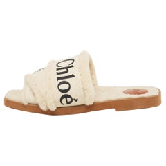 Chloe White Canvas and Fur Shearling Woody Slide Flats Size 39