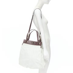 CHLOE white crinkled leather brown handle clasp lock large tote bag