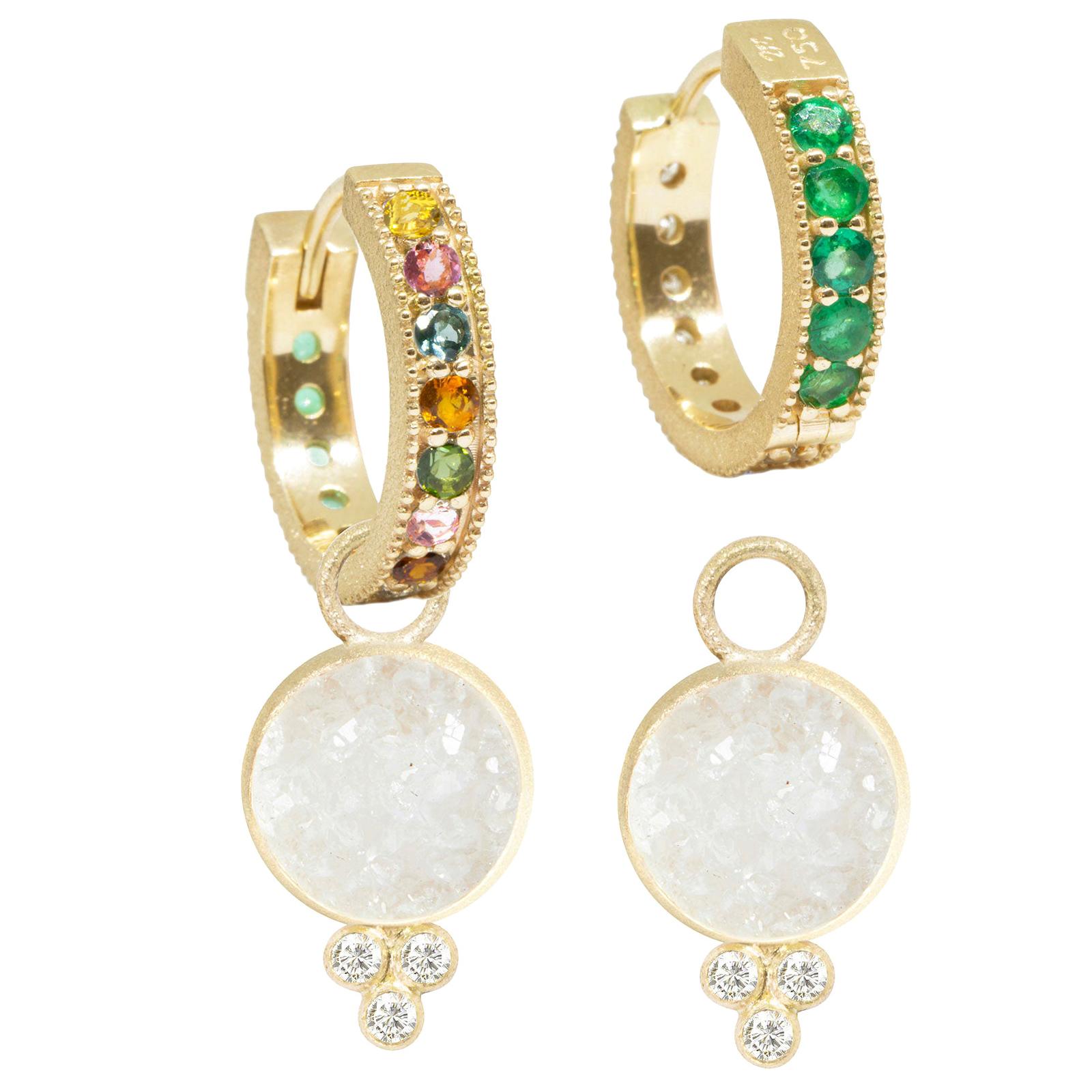 Chloe White Druzy Charms and Intricate 18 Karat Gold Reversible Huggies Earrings For Sale