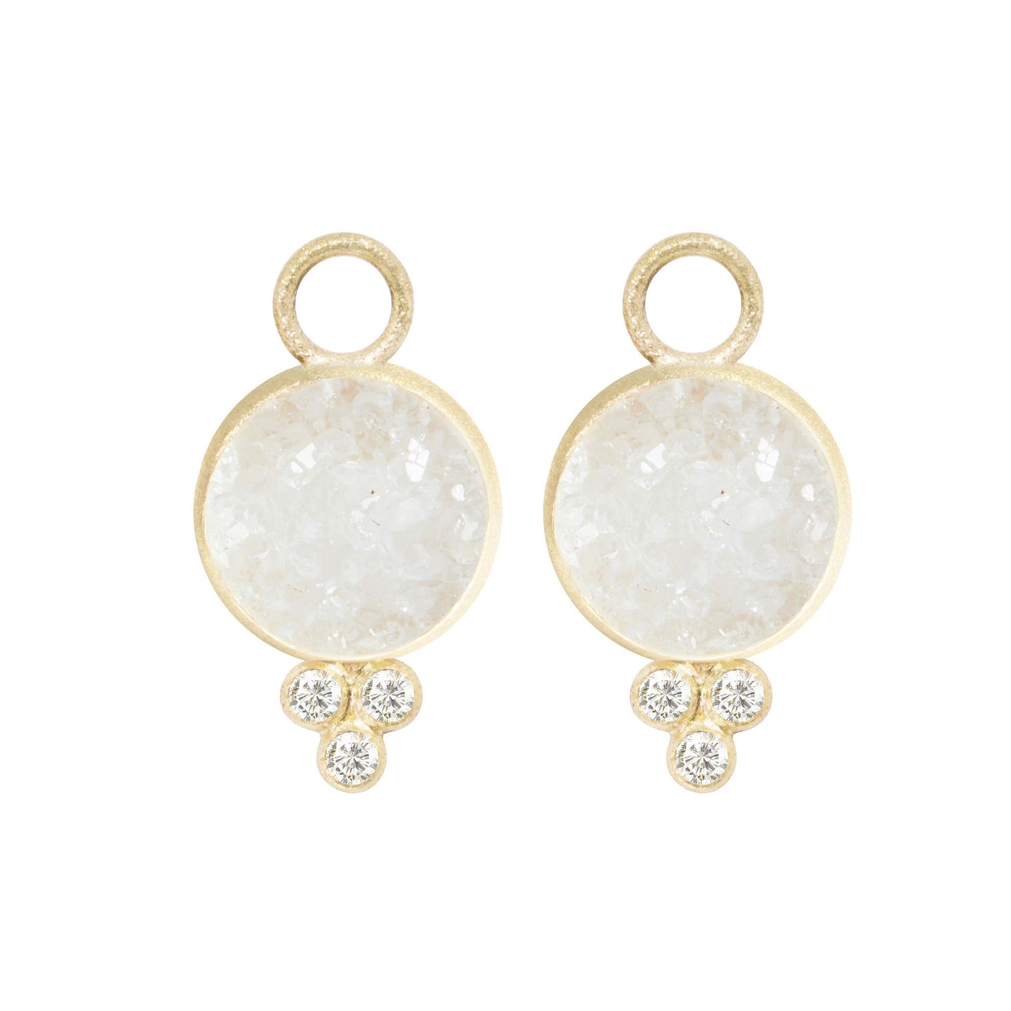 Contemporary Chloe White Druzy Charms and Intricate 18 Karat Gold Reversible Huggies Earrings For Sale