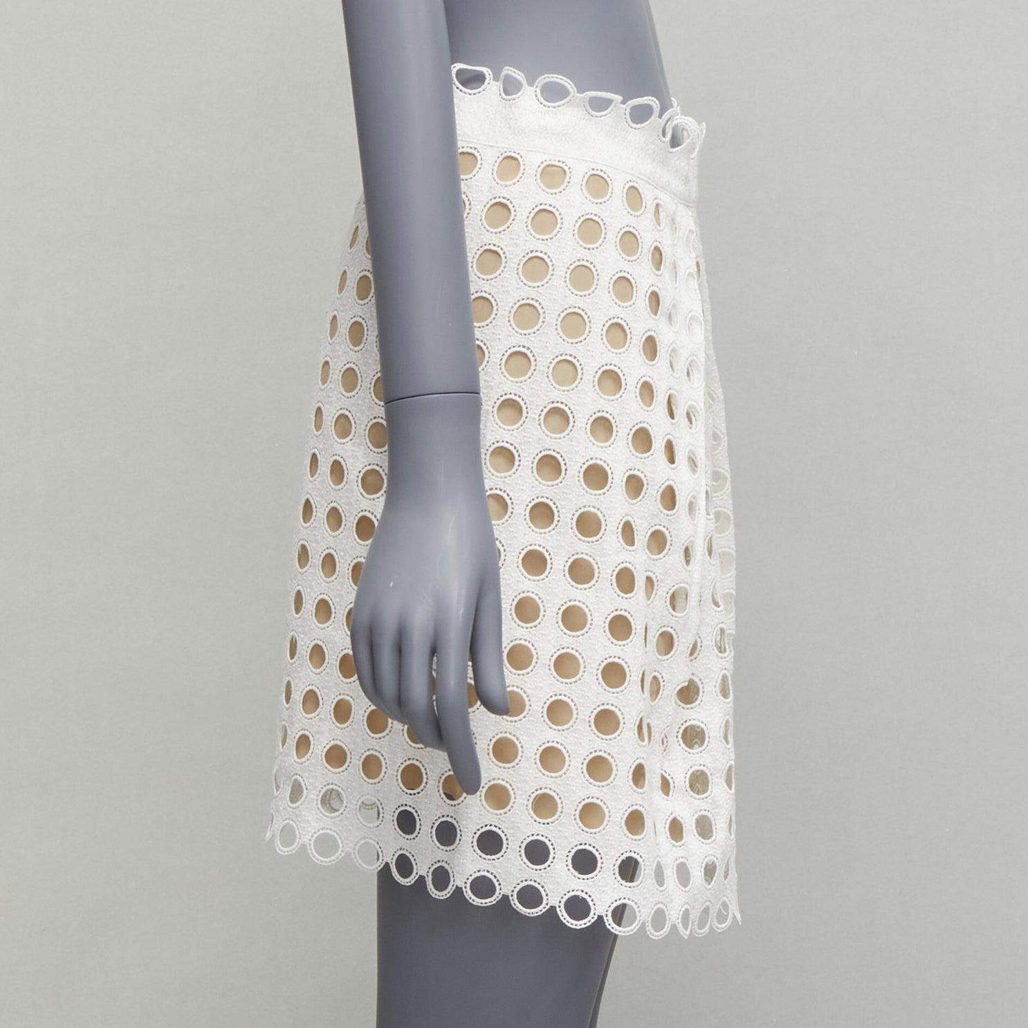 CHLOE white embroidery anglais eyelet layered silk lined skirt FR34 XS In Excellent Condition For Sale In Hong Kong, NT