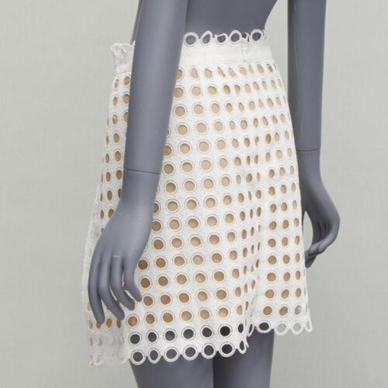 CHLOE white embroidery anglais eyelet layered silk lined skirt FR34 XS For Sale 1